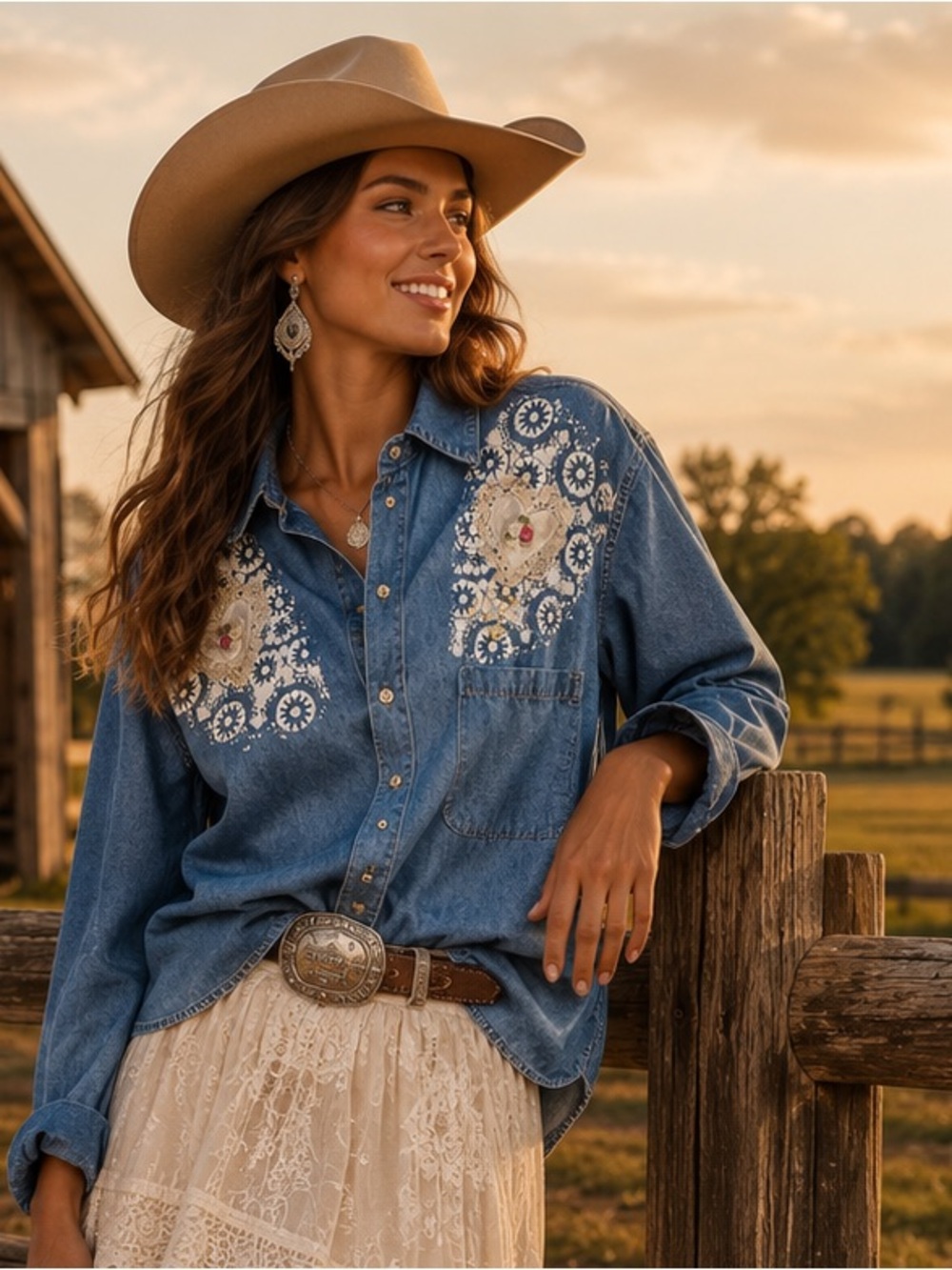 Vintage Lace Heart Denim Embroidered Western Shirt - Blue